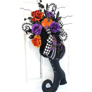 Witch Boot Wreath for Wall Unique Halloween Decorations for Home Glam Halloween Floral Wreath for Front Door Harlequin Halloween Decor