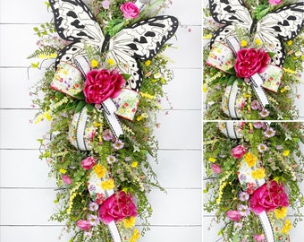 Butterfly Wreath for Front Porch, Floral Spring Wreath With Colorful Accent Flowers, Spring Decor, Butterfly With Flowers, Mother's Day Gift