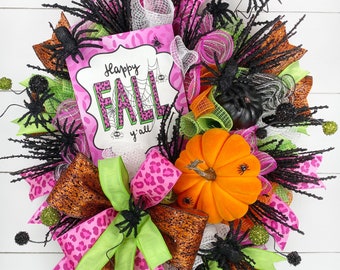 Happy Fall Y'all Decor, Halloween Decor, Pink Halloween Wreath, Halloween Party Decor, Spider Wreath, Fall and Halloween Decorations