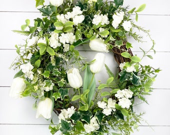 Tulip Wreath for Front Door, Everyday Grapevine Wreath, Outdoor Summer Flower Wreath, Spring Home Decor, Floral Wreath, Front Porch Decor