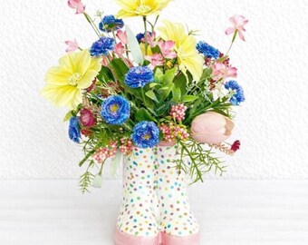 Floral Rain Boot Centerpiece, Spring Flower Arrangement, Porch Decor