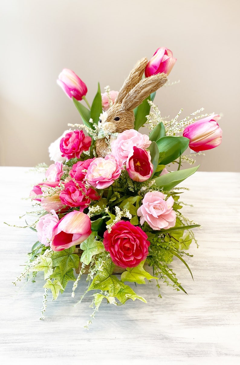 Easter Bunny Centerpiece, Easter Arrangement for Foyer Table, Spring Mantel Decor, Buffet Table Decor, Tulip Centerpiece, Spring Decor image 3