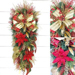 Red and Gold Poinsettia Wreath Traditional Pine Christmas Swag for Front Door Outdoor Christmas Decorations Christmas Porch Decor