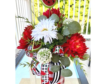 Watermelon Centerpiece, Summer Floral Arrangement, Watermelon Kitchen Decor, Front Porch Decorations, Daisy Summer Centerpiece, Gift for Her