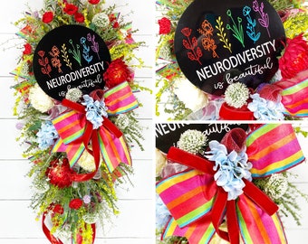 Autism Wreath, Autism Acceptance with Rainbow, Autism Awareness Deco Mesh Swag, Autism Wreath With Flowers, Neurodiversity is Beautiful