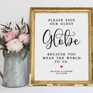Please Sign Our Guest Globe, Minimalist Wedding Guestbook Sign, Wedding Globe Sign, You Mean The World To Us Globe Guest Book, Wedding Quote
