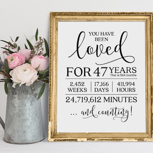 以下が含まれることがあります： 「You have been loved for 47 years. That is 564 months. 2,452 weeks | 17,166 days | 411,994 hours. 24,719,612 minutes... and counting!」というテキストが書かれた白黒の印刷可能なサインです。