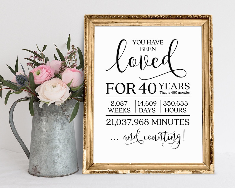 May include: A framed print with a gold frame and white background. The print features the text "You have been loved for 40 years. That is 480 months. 2,087 weeks | 14,609 days | 350,633 hours. 21,037,968 minutes... and counting!"