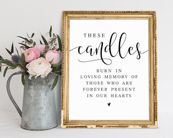 May include: A printable sign with a gold frame and the text "These candles burn in loving memory of those who are forever present in our hearts."