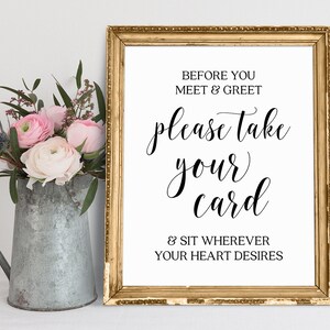 Antes de conocer y saludar, tome su tarjeta y siéntese donde desee su corazón, signo de asiento de boda, tome su signo de boda de tarjeta