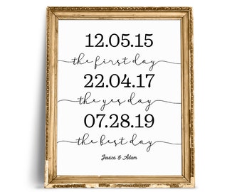 Puede incluir: Una impresión enmarcada en oro con texto negro sobre fondo blanco. El texto dice "12.05.15 el primer día 22.04.17 el día del sí 07.28.19 el mejor día Jessica & Adam".