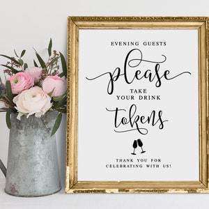 Los invitados deben llevar sus fichas de bebida, letrero de barra abierta de boda, letreros de boda minimalistas, letrero de boleto de bebida gratis, señalización imprimible de fichas de barra