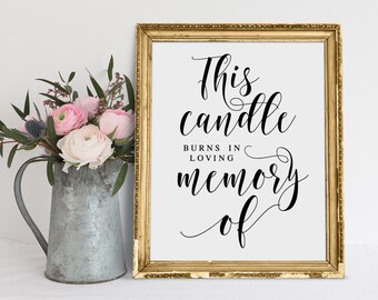 Puede incluir: Un cartel enmarcado con el texto "This candle burns in loving memory of" en fuente cursiva negra sobre un fondo blanco. El marco es dorado y el cartel está sobre una superficie blanca.