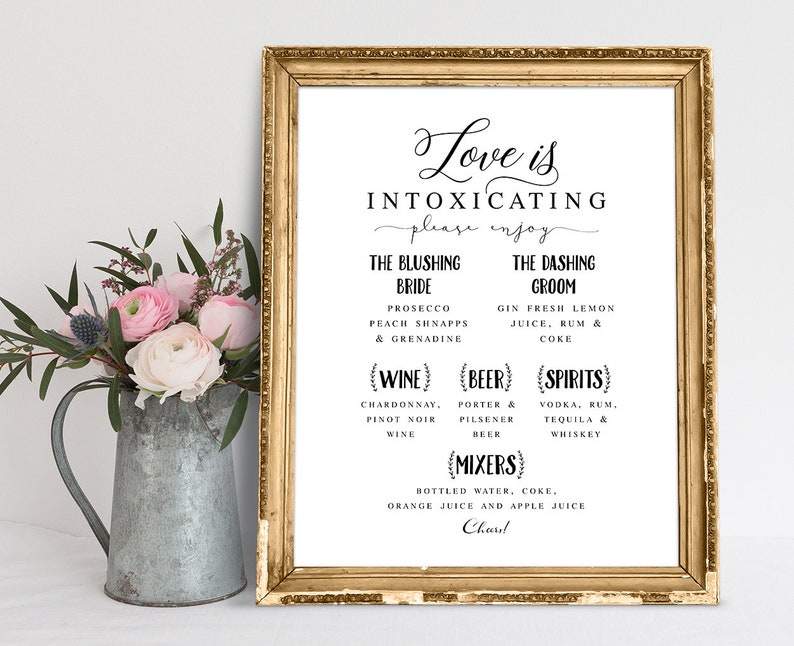 Wedding Bar Menu Sign: 'Love Is Intoxicating' (PDF & JPG) image 1