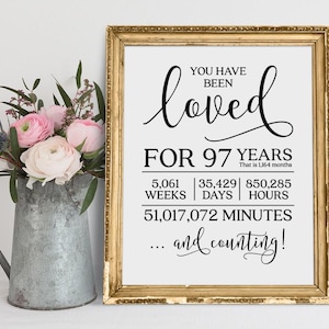 Op de afbeelding: Een ingelijst afdruk met een gouden lijst en een witte achtergrond. De afdruk bevat zwarte tekst die luidt "You have been loved for 97 years. That is 1,164 months. 5,061 weeks | 35,429 days | 850,285 hours. 51,017,072 minutes... and counting!"