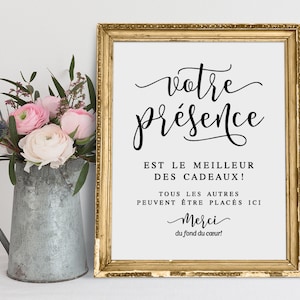 Votre présence est le meilleur des cadeaux, Franse bruiloftsborden, uw aanwezigheid is het grootste geschenk, moderne minimalistische geschenktafelborden