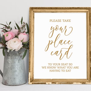 Por favor, lleve su tarjeta de lugar a su asiento para que sepamos lo que tiene que comer, signo de comer para la boda, signo de tarjeta de lugar, signo de mesa de boda