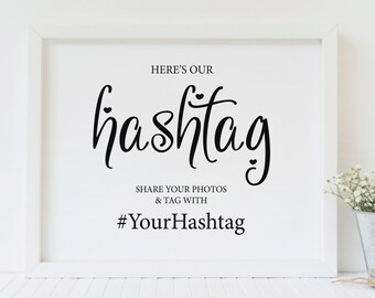 Puede incluir: Señal enmarcada en blanco con texto negro que dice "Here's our hashtag" con un símbolo de hashtag estilizado y dos corazones. Debajo del texto se lee "Share your photos & tag with #YourHashtag".