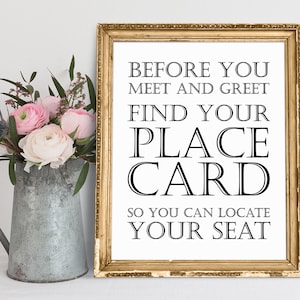 Voordat u elkaar ontmoet en begroet, vindt u uw plaatskaart, zodat u uw plaats kunt vinden, trouwborden, vind uw plaatsbord, vind uw plaatskaartbord