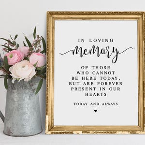 En memoria amorosa de aquellos que no pueden estar aquí hoy, signo conmemorativo de la boda, signo de la memoria de la boda, signo de la mesa de la memoria, signo de la vela de la memoria