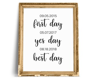 Puede incluir: Una impresión enmarcada con un marco dorado ornamentado. El fondo blanco presenta texto negro con las fechas 09.05.2015, 05.07.2017 y 08.18.2018, con las frases "first day", "yes day" y "best day" debajo de cada fecha.