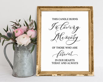 May include: A gold framed sign with the text "THIS CANDLE BURNS In loving Memory OF THOSE WHO ARE forever IN OUR HEARTS TODAY AND ALWAYS".