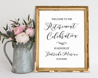 May include: A gold framed sign with the text "Welcome to the Retirement Celebration in honor of Patricia Marines 01.13.2020".