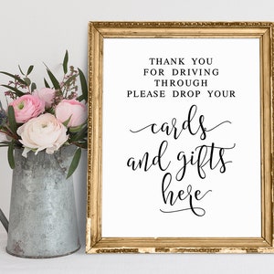Gracias por conducir, deje sus tarjetas y regalos aquí, conduzca a través del letrero de boda, letrero de decoración de boda, letrero de boda al aire libre