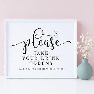 Por favor, lleve sus fichas de bebida, letreros de boda, letrero minimalista de bar de bodas, letrero de boleto de bebida, fichas de bar para bebidas gratis, señalización de bar de bodas