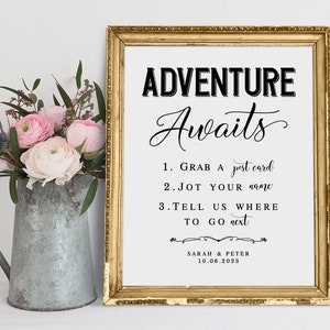 L'aventure attend des signes de mariage, signe de livre d'or de carte postale de mariage, signe de livre d'or de mariage, signe de réception de mariage, tirages de mariage, signe de décor