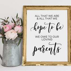 All That We Are And All That We Hope To Be We Owe To Our Loving Parents, Wedding Thank You Sign, Parent Dedication Sign, Reception Printable