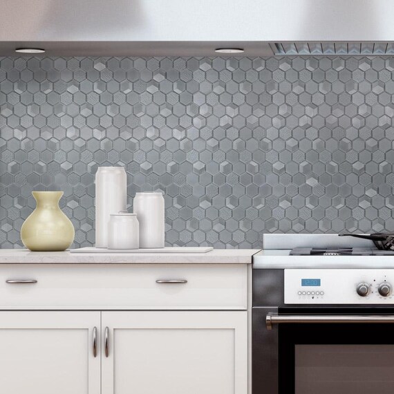 hexagon glass tile backsplash