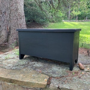 May include: A black wooden storage chest with a rectangular shape and angled legs. The chest is painted in a matte black finish and sits on a stone surface, with a tree and greenery in the background.
