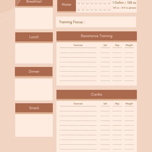 May include: A printable workout tracker with sections for breakfast, lunch, dinner, snack, water intake, training focus, resistance training, and cardio. The tracker includes fields for exercise, set, rep, and weight.