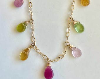 Tourmaline Colorful Droplet Necklace, Hand Wire Wrapped, Sparkly Gold Filled Chain, Handmade