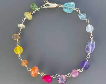 Multi-Gemstone & 14k Gold Filled Wrapped “Blooms” Bracelet, Rainbow, Colorful, Eclectic