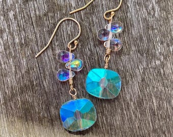 Bubble Drop Mystery Earrings, Multi-Color Reflections, Dangly, Vintage Glass, 14k GF