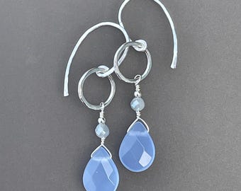 Periwinkle Chalcedony “Serenity” Dangle Earrings: Sterling Silver, Circle Accents, Handmade