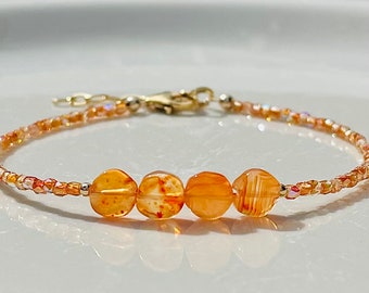 Carnelian Gemstone Bracelet: Sunset Colors, Sparkly Czech Glass, 14K Gold Filled Dainty
