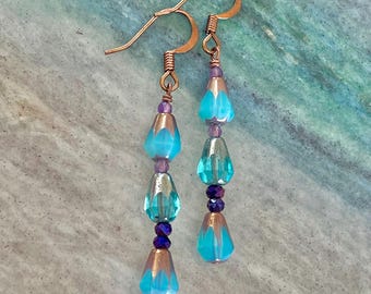 Raindrop Czech Glass & Amethyst Earrings, Purple, Turquoise, Silver/Copper, Sparkly