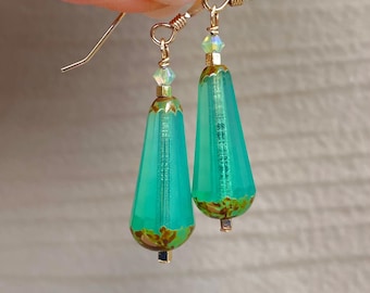 Seafoam Czech Glass Earrings: Swarovski Crystal, Aqua-Green Dangle, 14K Gold Fill, Handmade