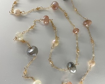Champagne Stone Necklace, 14k Gold Fill, Neutral Moonstone; Peach, Grey & Silverite Glass, Crystals, Handmade