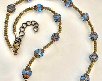 Czech Glass Periwinkle Beads & Olive Glass Facets Necklace, Antique Brass, Ocean Inspired