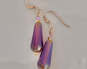 Purple Dusk Czech Glass Earrings: Swarovski Crystal, Orchid Dangle, Gold Fill