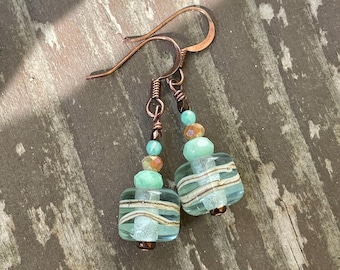 Hand-Blown Glass Earrings: Amazonite, Vintage Crystal, Boho Beach Jewelry, Antique Copper