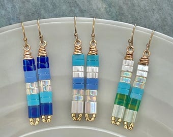 Miyuki Tila Glass Earrings: Ocean Colors Mosaic Geometric Design, Boho Matchstick Style