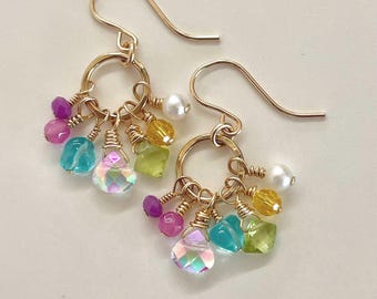Dainty Gemstone "Monet" Cluster Earrings: Gold Filled or Sterling , Multi-Gemstone