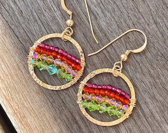 Crystal Tutti-Frutti Wire Wrapped Earrings, Gold Fill, Swarovski AB Crystals, Handmade
