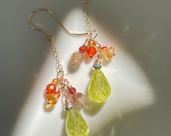 Gem Cluster Dangle-Dainty Chain "Citrus" Earrings: Gold Filled, CZ, Multi-Gems