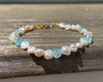 Pearl & Aquamarine Bracelet- 14k Gold Filled, Bridal Jewelry, Wedding, Natural Stones, Handmade